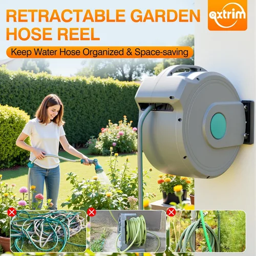 Miniatura 2 de AXTRIM Carrete de manguera de jardín retráctil de 1/2 pulgada x 100 pies, rebobinado automático, bloqueo de cualquier longitud, boquilla