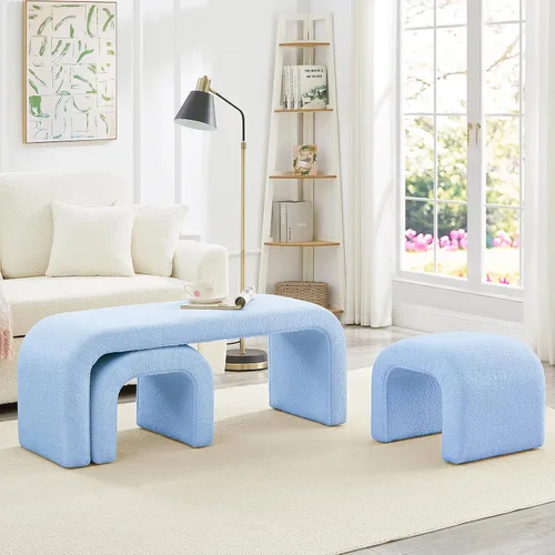 Miniatura 9 de Juego de banco otomano moderno de 3 piezas, banco tapizado Teddy de 44 pulgadas de ancho al pie de la cama con 2 reposapiés, banco de entrada