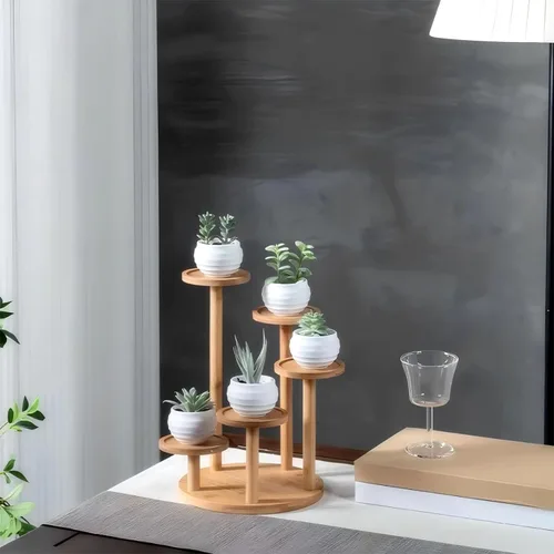 Miniatura 6 de Soporte de escritorio de 5 niveles para plantas, estante redondo de bambú para plantas, soporte de mesa para suculentas y hierbas, soporte