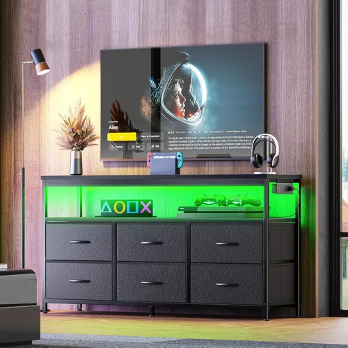 Huuger Soporte de TV LED para dormitorio, soporte de TV tipo cómoda de 47 pulgadas para TV de 43, 50, 55 pulgadas, soporte de TV negro con