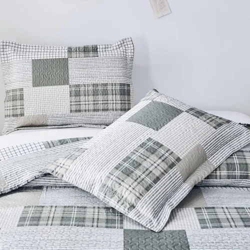 Miniatura 4 de Colcha a cuadros gris y blanco tamaño Full/Queen, colchas de retazos ligeras, colcha geométrica a cuadros, ropa de cama suave y transpirable, Gris