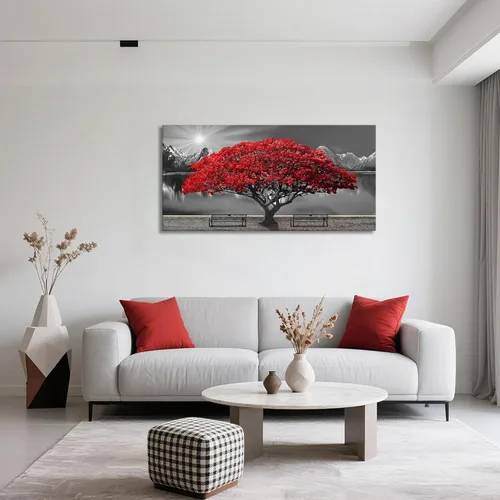 Miniatura 2 de Mofutinpo Arte de Pared de Árbol Rojo en Blanco y Negro Impresión en Lienzo Cuadro Paisaje de Árbol Rojo Grande Obra de Arte Moderna para Sala