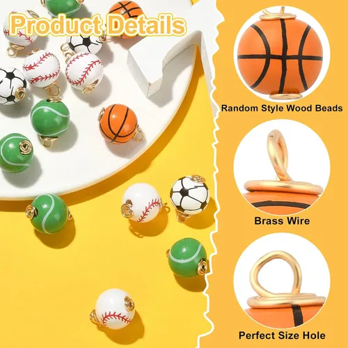 Miniatura 2 de LiQunSweet 50 cuentas deportivas de madera al azar envueltas en alambre redondas de fútbol, voleibol, tenis, baloncesto, sóftbol, béisbol, pelota