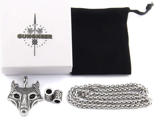 Miniatura 2 de Gungneer Collar con colgante de lobo vikingo Fenrir para hombres y mujeres, cadena de trigo de acero inoxidable, amuleto nórdico, talismán