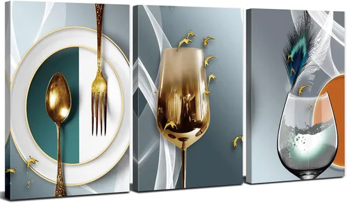 AIYISU 3 piezas de arte de pared de cocina con copas de vino para decoración de pared del comedor Cuadros de copas de vino en teja, gris y oro