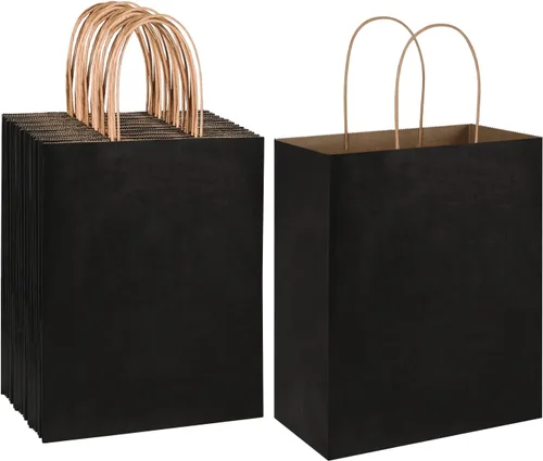 Oikss Paquete de 50 bolsas de papel kraft medianas de 8 x 4.75 x 10 pulgadas con asas a granel para cumpleaños, bodas, fiestas, comestibles,