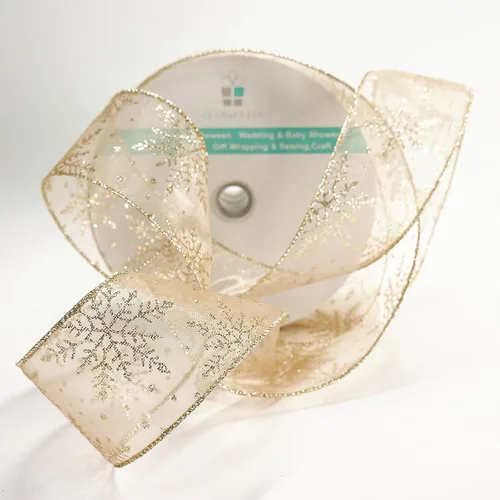 Miniatura 6 de Cinta con alambre de organza con copos de nieve dorados de champán para decoración navideña del hogar, lazo para la parte superior del árbol