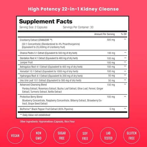 Miniatura 2 de Kidney Cleanse Detox Suplemento de apoyo renal 22 en 1 Extracto de pastillas de arándano Fórmula premium de reparación y descarga extra fuerte
