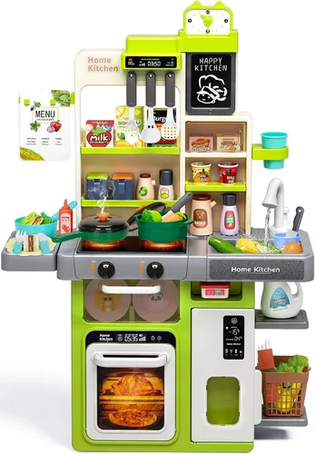Juego de cocina para niños, juego de cocina para niños pequeños con sonido y luz, estufa de cocina con vapor, fregadero de juegos, juguete de comida