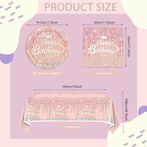 Miniatura 2 de 41 piezas de decoración de fiesta de cumpleaños de oro rosa - Suministros de tema rosa y oro - Incluye 20 platos, 20 servilletas y 1 mantel