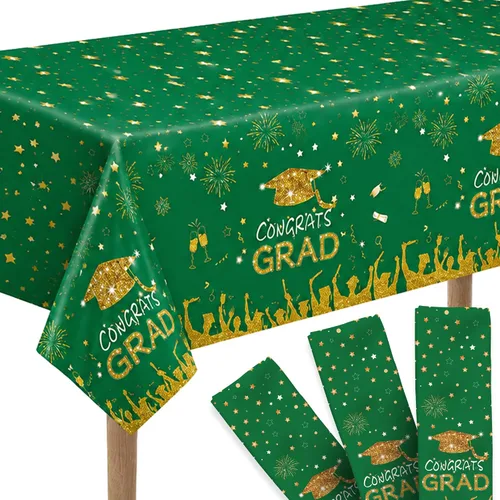 KatchOn, Mantel de graduación verde y dorado, extra grande de 108 x 54 pulgadas, paquete de 3 unidades, mantel de graduación de felicitaciones para