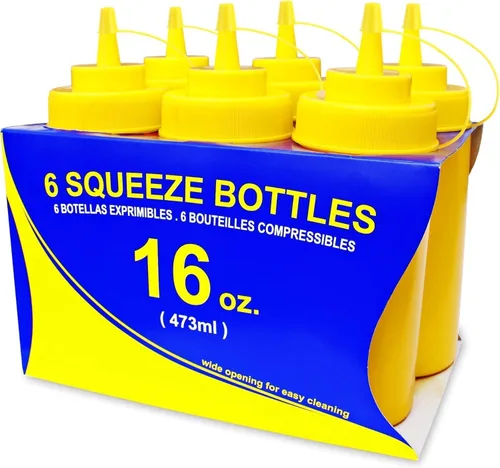 Botellas compresibles New Star Foodservice 26528, de plástico, con tapa y escala, boca ancha, de 16 oz, amarillas, paquete de 6 unidades Amarillo