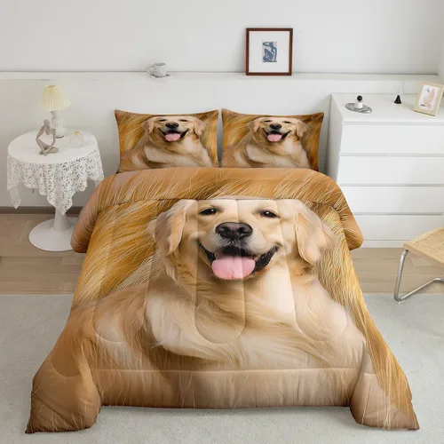 Feelyou Juego de edredón Golden Retriever con estampado de perro para niños y adultos, lindo juego de edredón de cachorro, suave, cálido, esponjoso,