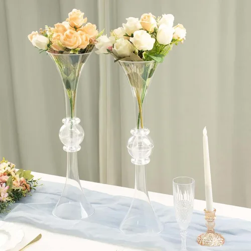 Efavormart - Juego de 2 centros de mesa de trompeta con adornos de cristal transparente de 21 pulgadas, jarrón reversible de plástico para flores