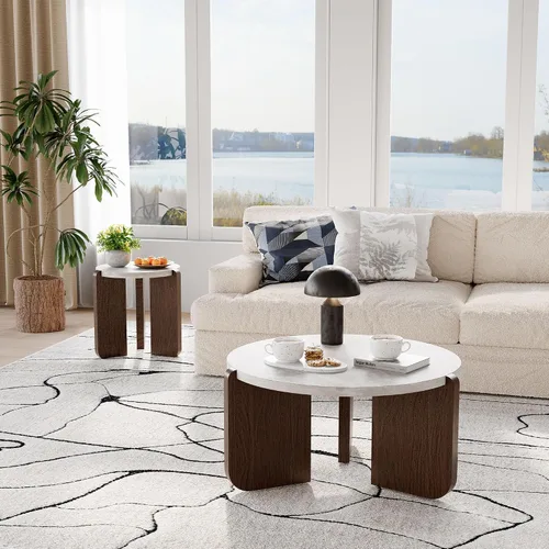 Miniatura 3 de COSIEST - Juego de mesa auxiliar redonda moderna y mesa auxiliar, tapa de madera con aspecto de mármol falso, patas de nogal y crema blanca, mesa