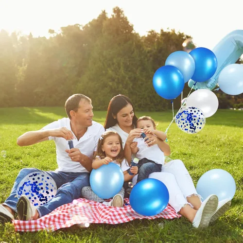 Miniatura 7 de Kit de 68 globos azules y blancos de 12 pulgadas, globos de confeti azul con azul claro, azul bebé y perla blanca con cintas para cumpleaños, bodas