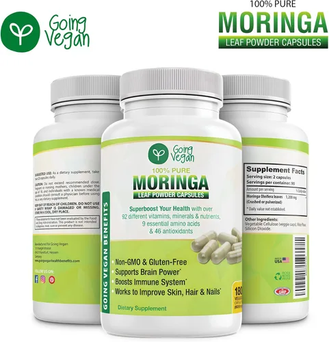 Miniatura 3 de Cápsulas de Moringa, 180 píldoras veganas de hoja de oleifera pura en polvo, 1200 mg por porción, suplemento sin OMG y sin gluten, suministro de 3