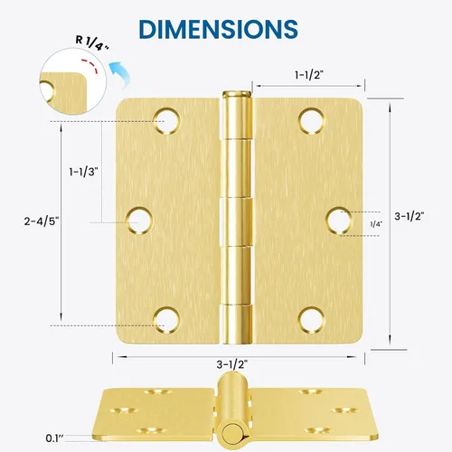 Miniatura 2 de HOSOM Paquete de 6 bisagras de puerta de latón cepillado de 3.5 pulgadas con esquinas de radio de 1/4 pulgadas, bisagras redondeadas de latón