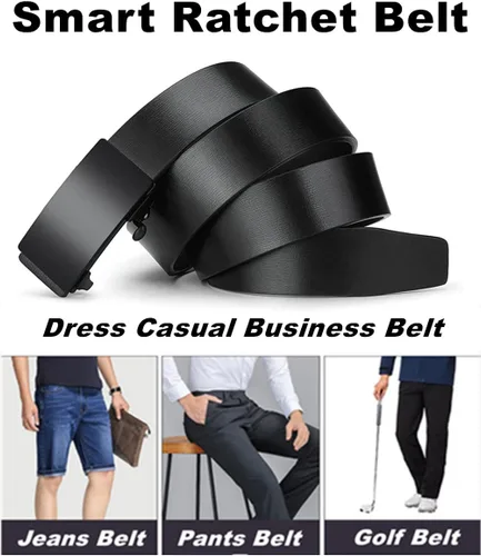 Miniatura 3 de Oyifan Cinturón negro para hombre, cinturón de diseñador de vestido de cuero genuino para hombres, moda Slide Ratchet Click Casual Mens Belt