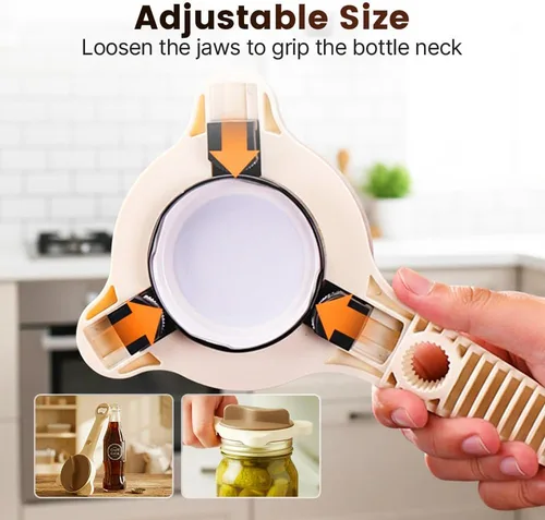 Miniatura 5 de Abrelatas de acero inoxidable ajustable, abridor de tarros para manos débiles con abridor de tapas de botellas, agarre de tapa multifuncional