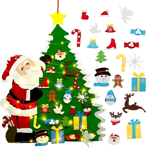 Árbol de Navidad de fieltro Montessori para niños pequeños, árbol de Navidad de 3.2 pies de bricolaje para pared con 32 adornos y luces LED, árbol
