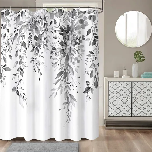 Miniatura 4 de Cortina de ducha extra larga de eucalipto gris y blanco de 84 pulgadas, cortinas de ducha de hojas florales grises para baño, cortina de baño