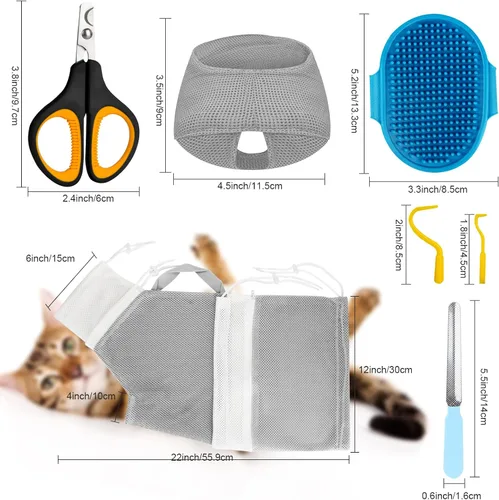 Miniatura 7 de Juego de baño para gatos, 8 piezas, red de ducha para gatos, bozal de malla, cepillo ajustable, cortaúñas, removedor de garrapatas, restricción