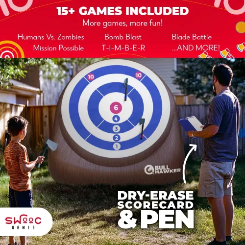 Miniatura 3 de Swooc Games - Bull Hawker Dardos de hacha gigante con más de 15 juegos Juego de lanzamiento de hachas para patio trasero con bomba de aire
