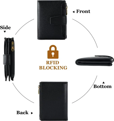 Miniatura 5 de Carteras de cuero para mujer con bloqueo RFID, billetera delgada, plegable, tarjetero con cremallera, bolsillo para monedas, ventana