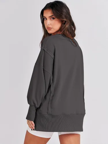 Miniatura 5 de ANRABESS Sudaderas de gran tamaño para mujer, con cuello redondo, manga larga, casuales y holgadas, con aberturas, ropa de otoño 2025
