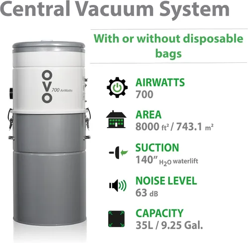 Miniatura 2 de OVO Potente sistema de vacío central resistente, filtración híbrida (con o sin bolsas desechables) 35L o 9.25 galones, 700 vatios de aire con kit