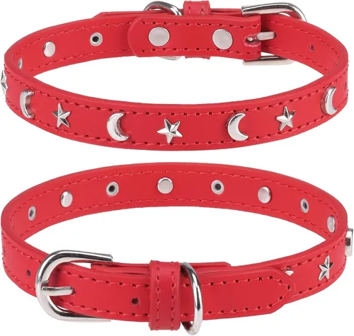 Miniatura 9 de Collar de cuero para perros pequeños, collar suave y ajustable con remaches de estrella y luna para perros machos y hembras, collares para cachorros