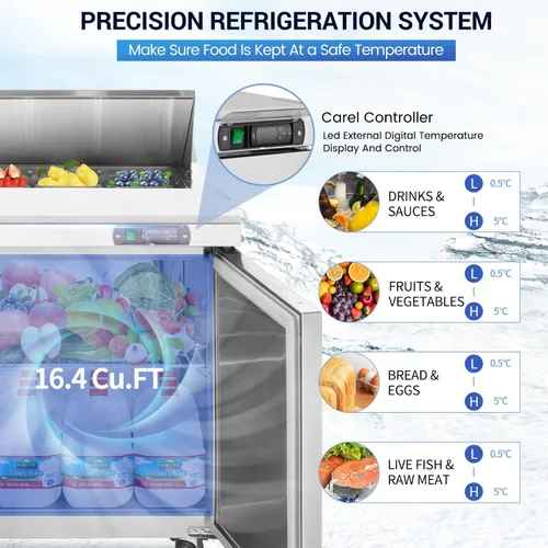 Miniatura 3 de Refrigerador comercial de 60" de ancho con mesa para preparar sándwiches/ensalada, 2 puertas, enfriamiento por ventilador de acero inoxidable