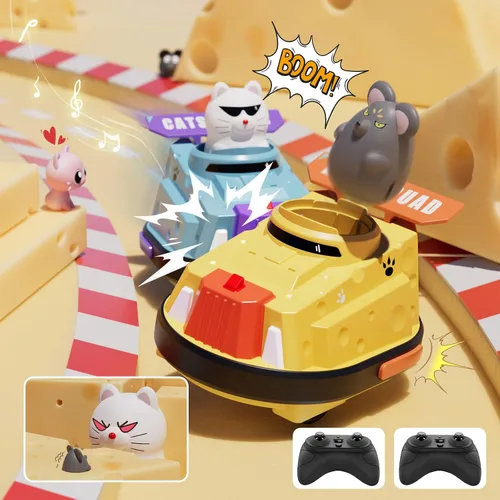 Miniatura 8 de Paquete de 2 autos de control remoto, auto de choque de expulsión RC para niños, auto parachoques de queso de guerra de gatos y ratas, juguetes