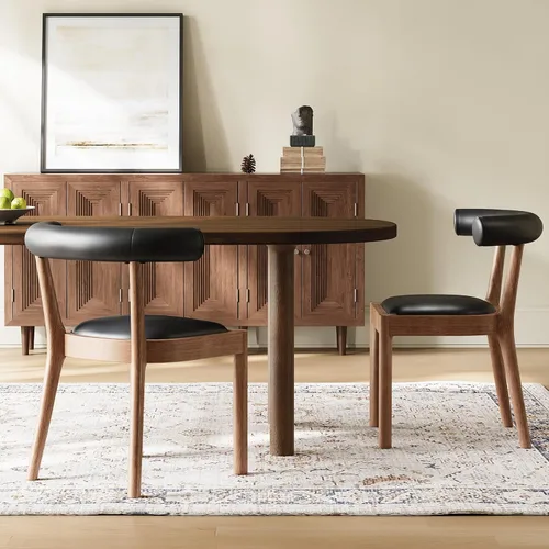 Kmax Sillas de comedor de mediados de siglo modernas sillas de cocina de cuero con marco acabado de nogal natural, respaldo curvado de poliuretano,