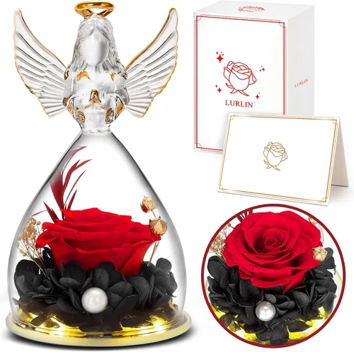 Miniatura 8 de Flores de cumpleaños para mujer: regalo de rosa preservada para mamá, abuela, esposa, amiga, enfermera; figuras de ángel de cristal con luz LED