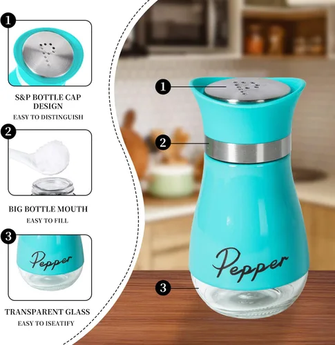 Miniatura 2 de Juego de 2 saleros y pimenteros, recargable con tapa de acero inoxidable, recipiente para especias, para cocina, restaurante, picnic (azul)