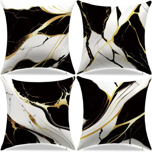 Miniatura 10 de Juego de 4 fundas de almohada negras y doradas, fundas de almohada de 18 x 18 pulgadas, almohadas geométricas abstractas a rayas para decoración