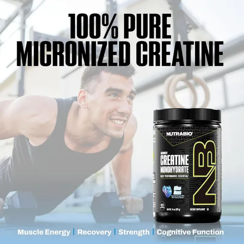 Miniatura 7 de NutraBio Suplemento en polvo de monohidrato de creatina micronizada pura, Blue Razz (10.58 oz) – Apoya la energía muscular a granel, la recuperación