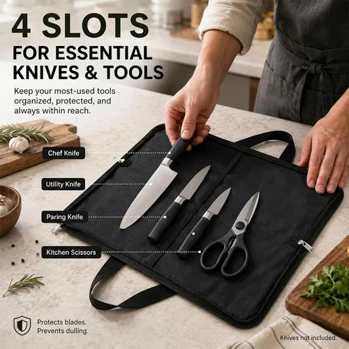 Miniatura 4 de Rollo de cuchillos, bolsa resistente para cuchillos, estuche de lona encerada con 4 ranuras para cuchillos y herramientas de cocina, bolsa