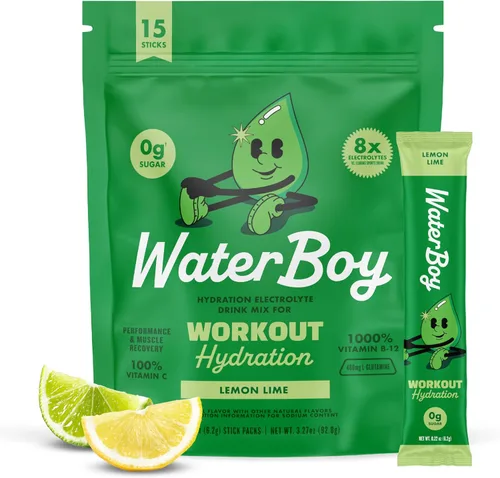 Miniatura 11 de Waterboy Hidratación de entrenamiento Paquetes de electrolitos en polvo de 2,960 mg sin azúcar L-glutamina + vitaminas Sin azúcar, todo