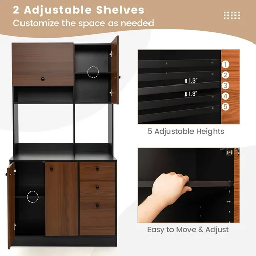 Miniatura 6 de Giantex Despensa de cocina, buffet con 3 armarios de almacenamiento, armario grande de piso de 71 pulgadas con 3 cajones profundos, encimera ancha