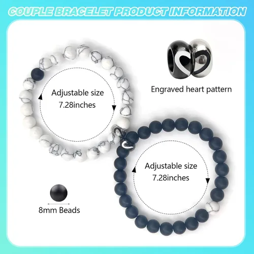 Miniatura 47 de 2 pulseras magnéticas para parejas, piedra natural negra mate, cristal para votos de amor eterno, juego de pulseras de cuentas de piedra de energía