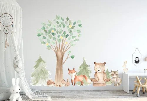 Miniatura 2 de InnovativeStencils - Calcomanía de pared de acuarela de bosque, pino y roble, criaturas animales – oso, zorro, mapache, conejo, ardilla
