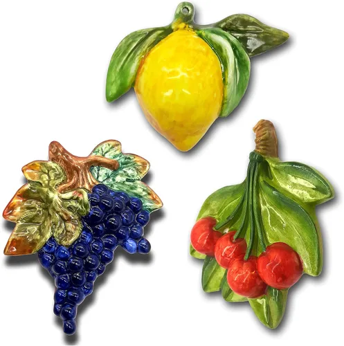 Decoración de frutas de cerámica italiana para cocina - Decoración de pared pintada a mano, cerezas y limón. Haz que tus decoraciones con frutas