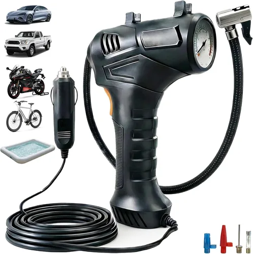 Compresor de aire portátil, inflador de neumáticos de 12V DC | Medidor de presión digital, 150 PSI, luz LED, coche, motocicleta, bicicleta, anillo
