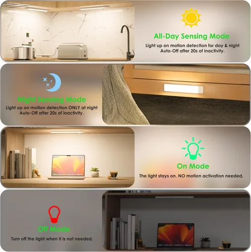 Miniatura 4 de Luces con sensor de movimiento para debajo del gabinete, luz magnética recargable debajo del armario, barra de luz nocturna inalámbrica adhesiva
