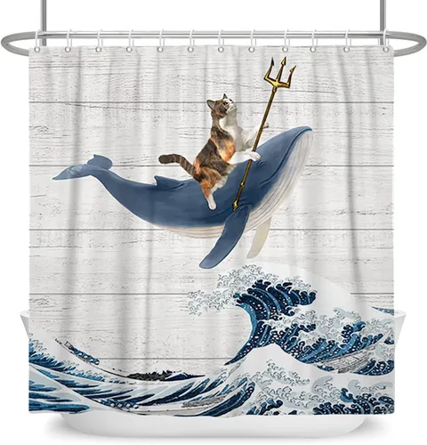 Miniatura 28 de Yeele Cortina de ducha con diseño de delfín, diseño de animales submarinos, tropical, con temática de vida silvestre, océano, azul, para baño