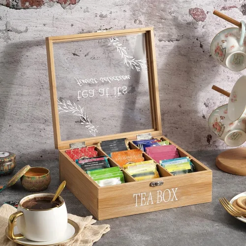 Miniatura 2 de Caja de té, almacenamiento de bolsas de té, organizador de bolsas de té de bambú, baúl moderno con 9 compartimentos y cubierta transparente