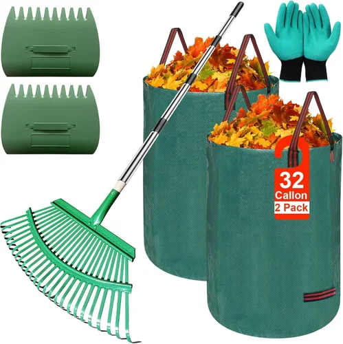 Juego de herramientas de rastrillo de hojas de jardín 5 en 1, rastrillo de hojas ajustable de 53 pulgadas con 2 bolsas grandes para recolectar